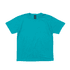 A turquoise t-shirt with a crew neckline and a tag visible inside the collar. It features a logo.