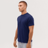 A navy blue T-shirt displayed on a model, featuring a simple design and a round neckline.