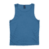 A blue singlet with a smooth texture and a logo on the inside label.