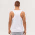 A man is wearing a white sleeveless singlet, viewed from the back, with a plain design. It features a logo.