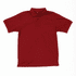 A red polo shirt featuring a collar and three buttons, with a logo on the upper part.