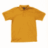 A mustard yellow polo shirt with a collar and short sleeves, featuring a logo on the label.