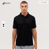 A black polo shirt displayed on a model, featuring a collar and short sleeves. It has a branding logo.