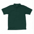 A dark green polo shirt with a collar and short sleeves, featuring a branding logo on the label.