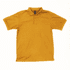 A mustard yellow polo shirt with a collar and short sleeves, featuring a logo on the label.