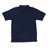 A navy polo shirt featuring a collar, three buttons, and a logo on the chest.