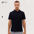 A navy blue polo shirt with a logo, featuring a classic collar and short sleeves, displayed on a model.