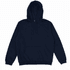 A navy blue hoodie with a front pocket and drawstring hood, featuring a logo.