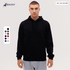 A black hoodie with a drawstring, displayed on a male model, featuring a brand logo. Multiple colour options visible.