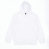 A white hoodie with a front pocket and drawstring hood, featuring a logo on the interior.