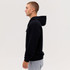 A black hoodie on a male model, featuring a front pocket and a hood, set against a plain background.