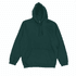 A green hoodie featuring a front pocket and drawstring hood. The item includes a branding logo.