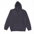 A dark grey hoodie with a front pocket and adjustable drawstring hood. Includes a logo.