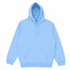 A light blue hoodie featuring a front pocket and a drawstring hood, with a logo present.