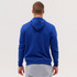 A blue hoodie with a hood, displayed from the back, worn by a person in grey sweatpants.