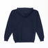 A navy hoodie featuring a spacious hood and ribbed cuffs, with no visible branding on the back.