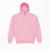 A pink hooded sweatshirt featuring a front pocket and drawstring hood. The item has a logo on it.