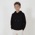 A black Youth Base Hood worn by a young boy, standing against a light background. The hoodie features a drawstring.