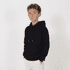 A black youth hoodie with a front pocket, featuring a hood and drawstrings, worn by a young boy.