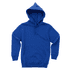 A blue hoodie with a front pocket and drawstrings, featuring a hood. The garment has a logo on it.