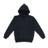 A black youth hooded sweatshirt with a front pocket and drawstring hood. It features a logo.