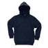 A navy blue hoodie with a front pocket and a drawstring hood, featuring a logo.