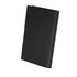 A black leather refillable journal featuring a sleek design and a logo on the cover.