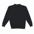A black crew neck sweatshirt displayed flat, featuring long sleeves and a ribbed collar. It includes a logo on the inside label.