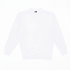 A white crew neck sweatshirt featuring long sleeves and a ribbed hem. It has a small logo on the neckline.