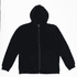 A black zip hoodie with a hood and front pockets, featuring a branding logo.