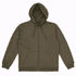A zip-up hooded sweatshirt in olive green with a front pocket and drawstrings on the hood. It features a logo.