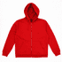 A red zip-up hooded sweatshirt with a front pocket and a hood. The hoodie features a logo on the inner tag.