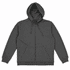 A grey zip hoodie with a drawstring hood and front pockets, featuring a logo on the label.