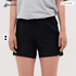 Black running shorts with an elastic waistband, featuring pockets and a logo on the waistband.
