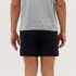 Men's running shorts in black, shown from the back with a grey top worn above. Features a logo.