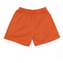 An orange pair of shorts with an elastic waistband and a loose fit, featuring a logo.