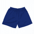 A pair of navy blue athletic shorts with an elastic waistband and folding fabric. Features a logo on the side.