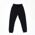 Black track pants with an elastic waistband and tapered ankles, featuring a logo on the waistband.