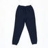 Dark blue track pants with an elastic waistband and a drawstring, featuring a brand logo.