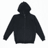 A black zip hoodie featuring a hood and front pockets, with a logo present.