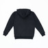 A black zip hoodie featuring a hood and ribbed cuffs, with a logo on the back.