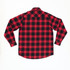 A red and black checkered long sleeve flannel shirt with a button-down collar and a logo.