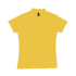 A women's polo shirt in vibrant yellow with a collar and short sleeves, featuring a logo on the label.