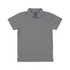 A grey youth polo shirt with a collar and a single button, featuring a branding logo.