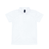 A white polo shirt featuring a collar and short sleeves, with a logo on the label.
