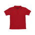 A red polo shirt with a collar and three buttons, featuring a small logo on the upper left.