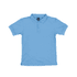 A light blue youth polo shirt with a collar and three buttons, featuring a logo on the neck.