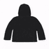 A black youth weather jacket with a hood, displayed from the back. Features a logo on the fabric.
