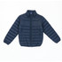 A navy blue puffer jacket with a zip front, stand collar, and two side pockets, featuring a logo.