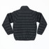 A black puffer jacket featuring a quilted design and a high collar, with a logo on the back.
